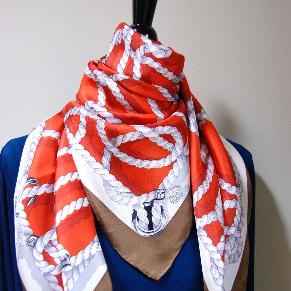 Display Gucci Ropes Print Orange Beige Border Silk Scarf  with DEFECT